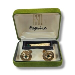 Vintage ESQ Esquire Gold Tone Green Stone  TIE‎ TACK & CUFF LINKS Original box